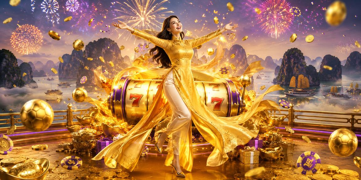 Phụ nữ áo dài tham gia slot game trước khung cảnh vịnh Hạ Long hùng vĩ