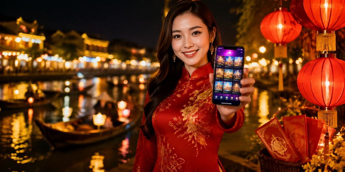Phụ nữ áo dài Hội An nhận phong bì đỏ tượng trưng cho tiền thưởng chào mừng z60