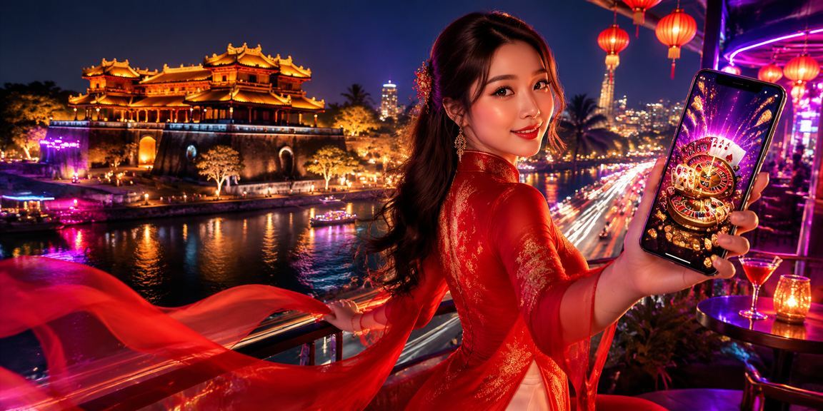 Phụ nữ Huế mặc áo dài trải nghiệm casino trên điện thoại di động tại không gian cổ kính